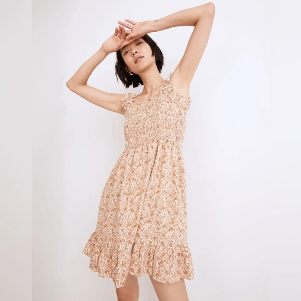 Madewell Linen-Blend Lucie Smocked Tank Mini Dress in Painted Seashells - Size M - Picture 2 of 5